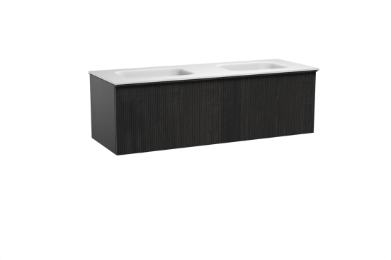 Balmani Forma zwevend badkamermeubel 150 x 55 cm zwarte eik met Tablo Arcato dubbele wastafel in solid surface mat wit, Verticale symmetrische rechte ribbel