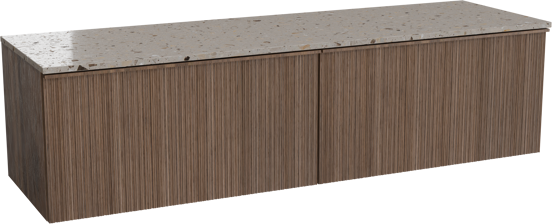 Balmani Forma hängendes Möbelstück Set: 180 x 55 cm, Amerikanischer Nussbaum, mit Stretto Einzel- oder Doppel Waschtischplatte, Terrazzo in Greige, Vertikale asymmetrische Runde Rippe
