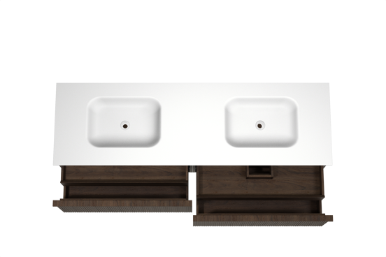 Balmani Forma zwevend badkamermeubel 180 x 55 cm gerookte eik met Tablo Arcato dubbele wastafel in solid surface mat wit, Verticale symmetrische rechte ribbel