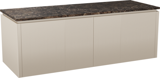 Balmani Eclips hängendes Möbelstück Set: 150 x 55 cm, Sandbeige, mit Stretto Einzel- oder Doppel Waschtischplatte Marmor Dark Emperador, Vertikale symmetrische gerade Rippe