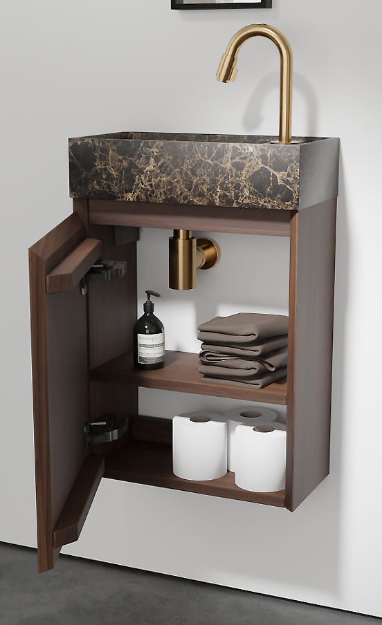Balmani Mitra zwevend toiletmeubel 42 x 21 cm amerikaans notenhout met Dama wastafel in Dark Emperador marmer