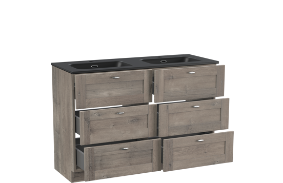 Linie Classo freistehendes Möbelstück Set: 120 x 46 cm, Graue Eiche, mit Baro Doppelwaschtisch, Porzellan Schwarz matt