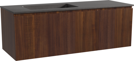 Storke Ribs zwevend badmeubel 140 x 52 cm notenhout met Scuro asymmetrisch linkse wastafel in kwarts mat zwart, Verticale symmetrische rechte ribbel