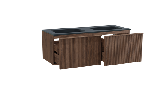 Balmani Forma zwevend badkamermeubel 135 x 55 cm amerikaanse notelaar met Tablo Strada dubbele wastafel in composietmarmer mat zwart, Verticale symmetrische rechte ribbel