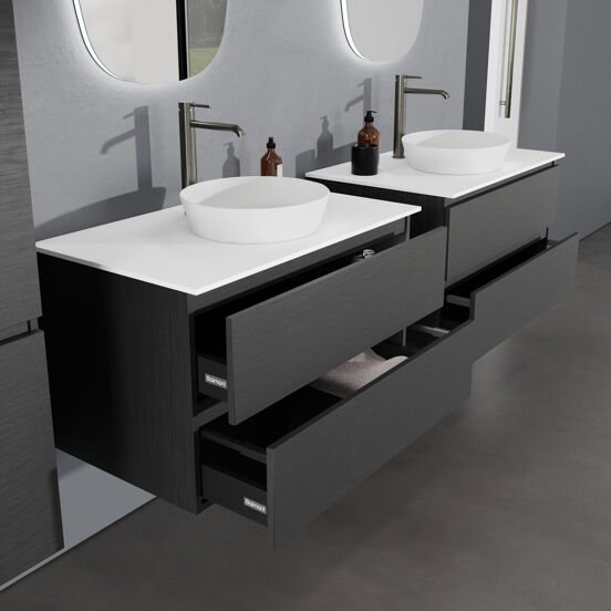Balmani Lucida zwevend badkamermeubel 90 x 55 cm zwarte eik met Stretto enkel tablet in solid surface mat wit