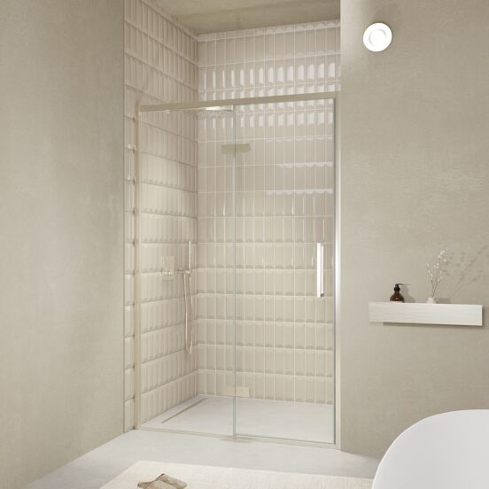 Balmani Senses Design porte pivotante à gauche 140 cm x 210 cm verre transparent, Profil Brushed CoolMetal, coating inclus