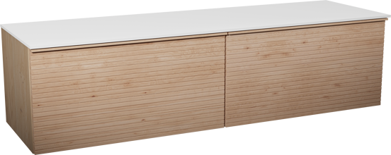 Balmani Forma hängendes Möbelstück Set: 180 x 55 cm, Naturbelassene Eiche, mit Stretto Einzel- oder Doppel Waschtischplatte, Solid Surface, Weiß matt, Horizontale symmetrische gerade Rippe