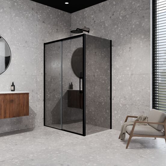 Balmani Senses Design douchehoek met linkse schuifdeur en vaste zijwand, 120 x 100 cm, Reflex spiegelglas, Mat zwart profielen, met coating