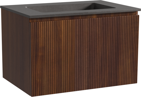Storke Ribs hängendes Möbelstück Set: 75 x 52 cm, Nussbaum, mit Scuro Einzelwaschtisch, Quarz, Schwarz matt, Vertikale symmetrische gerade Rippe