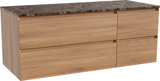 Balmani Mitra zwevend badkamermeubel 135 x 55 cm teak met Stretto enkel of dubbel tablet in marmer dark emperador