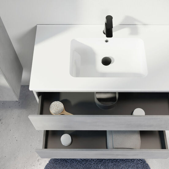 Linie Lado meuble salle de bains suspendu 120 x 46 cm béton gris foncé avec Vano vasque asymétrique droite en marbre composite blanc brillant