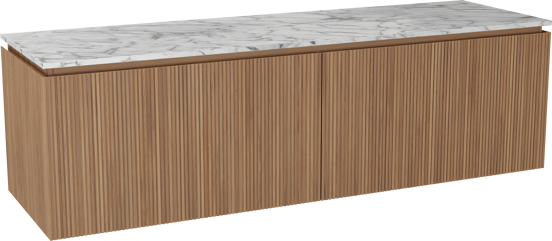 Balmani Eclips hängendes Möbelstück Set: 180 x 55 cm, Teak, mit Stretto Einzel- oder Doppel Waschtischplatte Carrara-Marmor, Vertikale symmetrische gerade Rippe