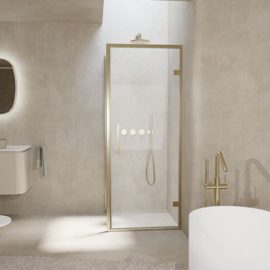 Balmani Senses Design douchehoek met rechtse draaideur en vaste zijwand, 90 x 70 cm, Helder glas, Brushed Champagne Gold profielen, met coating