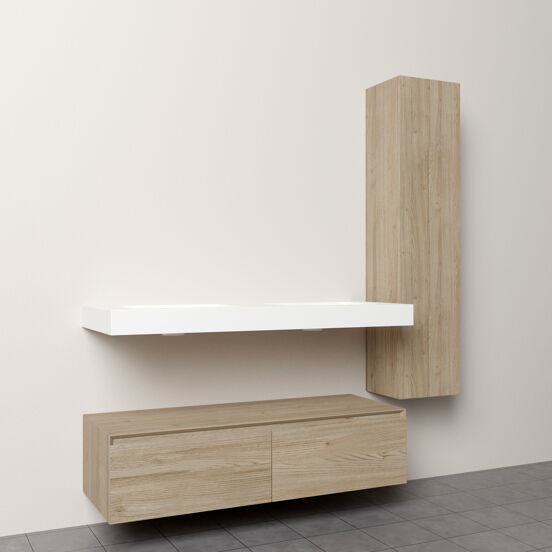 Storke Edge Modulo zwevend badkamermeubel 130 x 52 cm ruwe eik met Mata High dubbele wastafel in solid surface mat wit en Edge Modulo badkamerkast