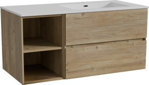 Storke Edge zwevend badkamermeubel 110 x 52 cm ruwe eik met Diva asymmetrisch rechtse wastafel in composietmarmer glanzend wit