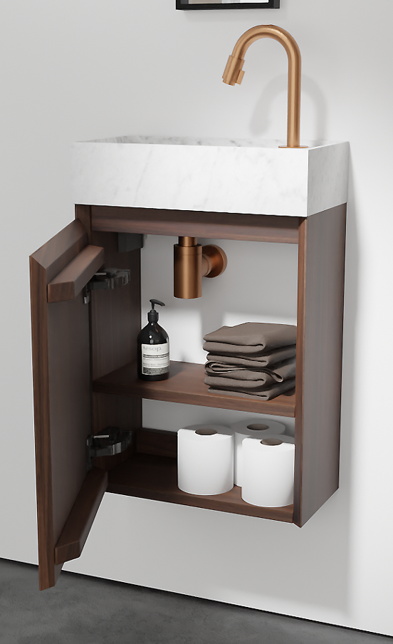 Balmani Mitra hängendes WC-Möbel-Set, 42 x 21 cm, amerikanischer Nussbaum, mit Dama Waschtisch in Carrara-Marmor