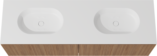 Balmani Eclips zwevend badkamermeubel 180 x 55 cm Teak met Tablo Oval dubbele wastafel in Solid Surface mat wit, Verticale symmetrische rechte ribbel