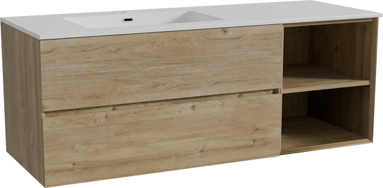 Storke Edge meuble salle de bains suspendu 140 x 52 cm chêne brut avec Diva plan vasque asymétrique à gauche en marbre composite blanc brillant