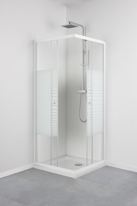 Linie Tarifa douchecabine met hoekinstap en 2 schuifdeuren 90 x 90 cm gestreept glas glans wit profiel