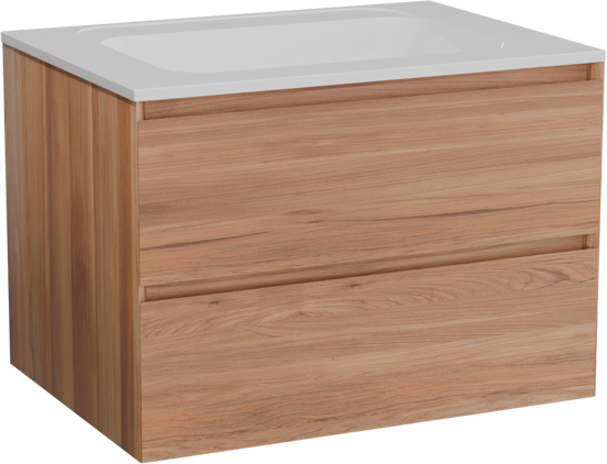 Balmani Mitra hängendes Möbelstück Set: 75 x 55 cm, Teak, mit Tablo Strada Einzelwaschtisch, Marmorkomposit Weiß glänzend