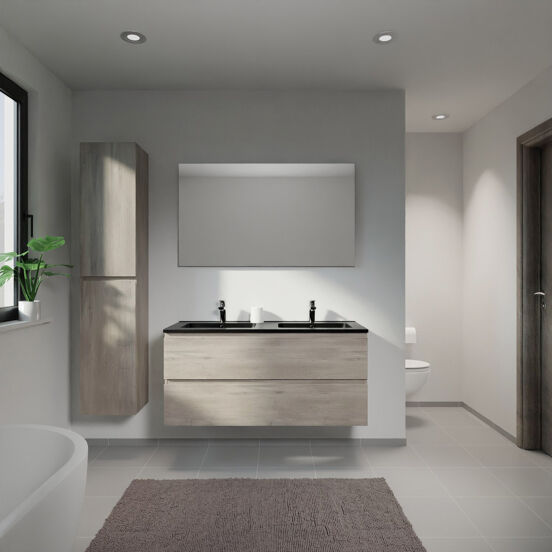 Linie Lado meuble salle de bains suspendu 120 x 46 cm chêne gris avec Vano double vasque en marbre composite noir mat