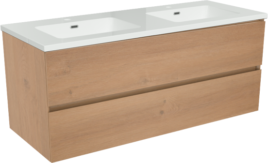 Storke Edge meuble salle de bains suspendu 120 x 46 cm chêne brut avec Diva double vasque en marbre composite blanc brillant