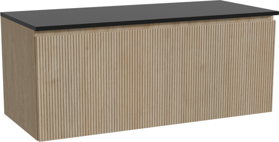 Storke Ribs hängendes Möbelstück Set: 120 x 52 cm, Rohe Eiche, mit Panton Einzel- oder Doppel Waschtischplatte, Pulverbeschichtetes MDF, Schwarz matt, Vertikale symmetrische gerade Rippe