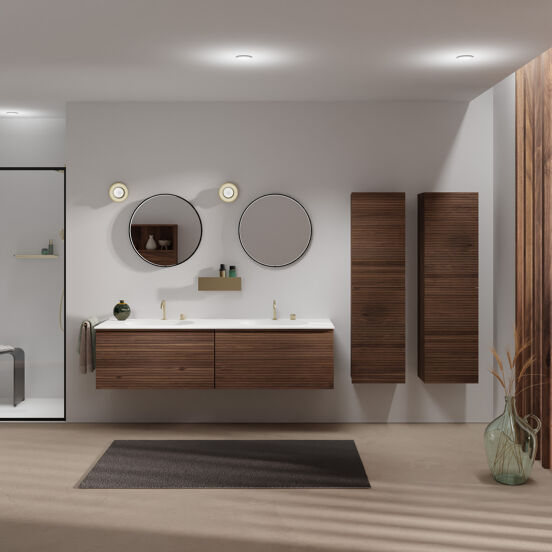 Balmani Forma zwevend badkamermeubel 180 x 55 cm amerikaanse notelaar met Tablo Oval dubbele wastafel in solid surface mat wit, Horizontale symmetrische rechte ribbel