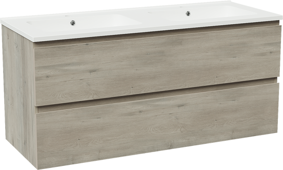 Linie Lado zwevend badmeubel 120 x 46 cm grijs eiken met Vano dubbele wastafel in composietmarmer mat wit