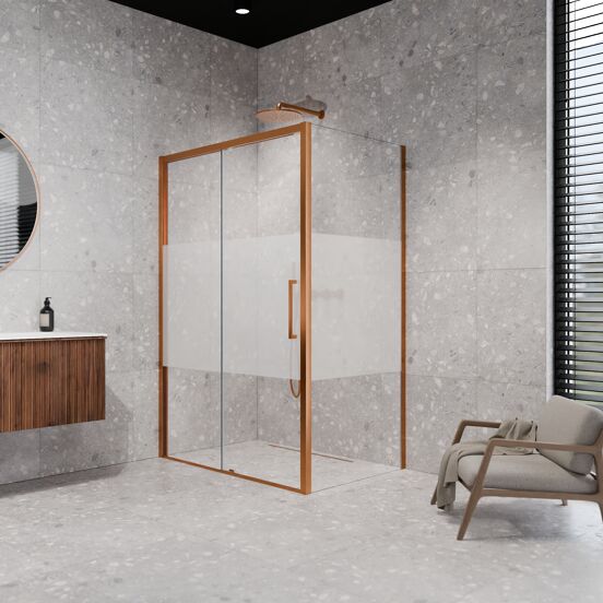 Balmani Senses Design douche en coin avec porte coulissante à gauche et paroi latérale fixe, 160 x 100 cm, Verre transparent avec bande matte, Profil Brushed Rosegold