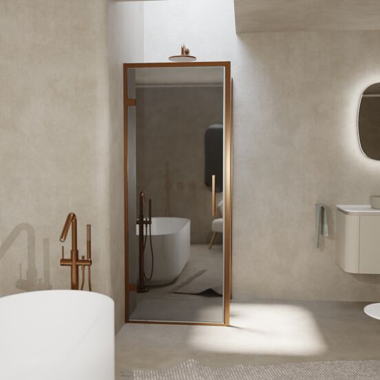 Balmani Senses Design douchehoek met linkse draaideur en vaste zijwand, 90 x 100 cm, Reflex spiegelglas, Brushed Rosegold profielen, met coating