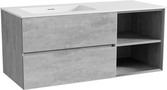 Storke Edge meuble salle de bains suspendu 120 x 52 cm béton gris foncé avec Mata plan vasque asymétrique à gauche en solid surface blanc mat