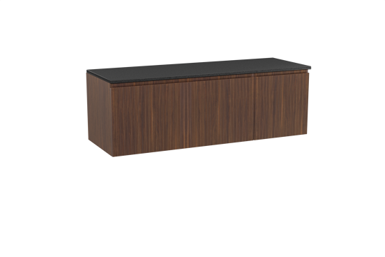 Storke Ribs zwevend badmeubel 150 x 52 cm notenhout met Panton enkel of dubbel wastafelblad in gepoedercoate mdf mat zwart, Verticale symmetrische rechte ribbel