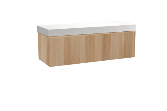 Balmani Idra hängendes Möbelstück Set: 150 x 55 cm, Naturbelassene Eiche, mit Dominus Einzel- oder Doppel Waschtischplatte, Solid Surface Weiß matt