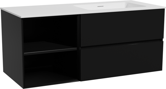 Storke Edge zwevend badmeubel 120 x 52 cm mat zwart met Mata asymmetrisch rechtse wastafel in solid surface mat wit