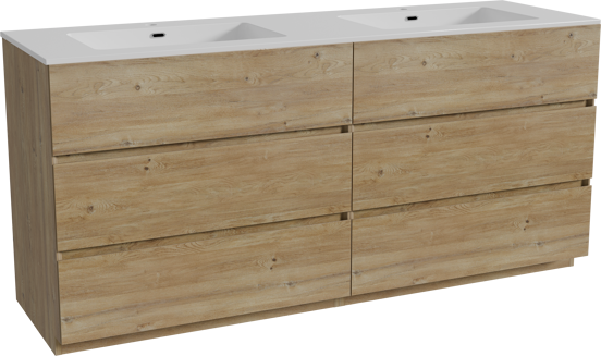 Storke Edge staand badkamermeubel 170 x 52 cm ruwe eik met Diva dubbele wastafel in composietmarmer glanzend wit