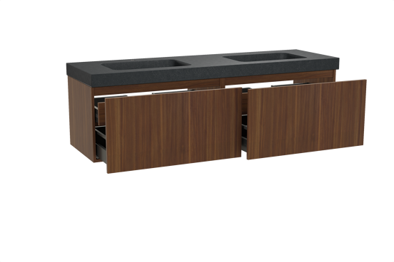 Balmani Sfera hängendes Möbelstück Set: 180 x 55 cm, Amerikanischer Nussbaum, mit Napoli Doppelwaschtisch, Schwarzes Granit