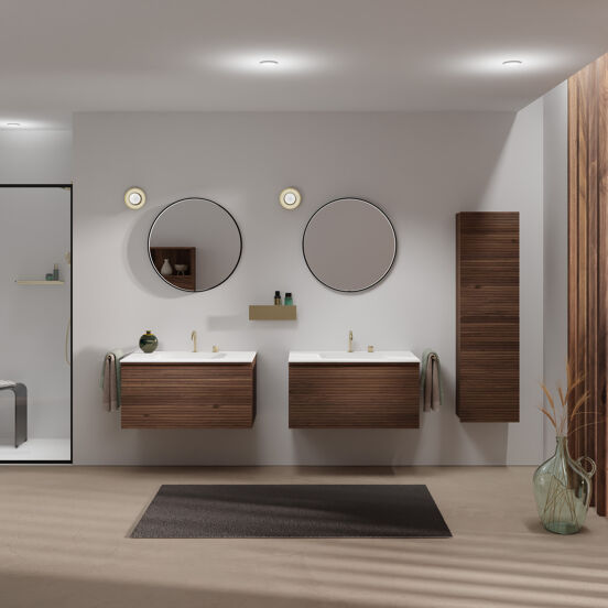 Balmani Forma zwevend badkamermeubel 90 x 55 cm amerikaanse notelaar met Tablo Arcato enkele wastafel in solid surface mat wit, Horizontale symmetrische rechte ribbel