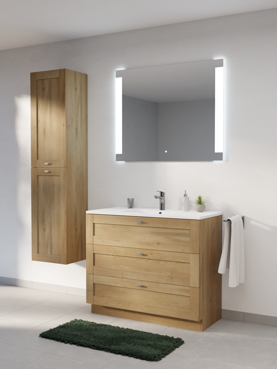 Linie Classo meuble salle de bains à poser 100 x 46 cm chêne naturel avec Vano plan simple en marbre composite blanc mat
