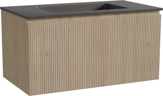 Storke Ribs hängendes Möbelstück Set: 95 x 52 cm, Rohe Eiche, mit Scuro Einzelwaschtisch, Quarz, Schwarz matt, Vertikale symmetrische gerade Rippe