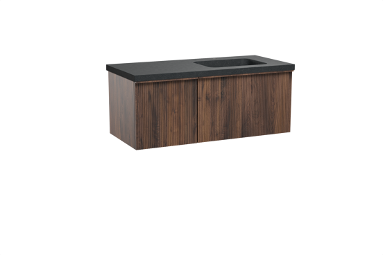 Balmani Forma zwevend badkamermeubel 120 x 55 cm amerikaanse notelaar met Napoli asymmetrisch rechtse wastafel in graniet zwart, Verticale symmetrische rechte ribbel
