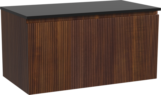 Storke Ribs zwevend badkamermeubel 95 x 52 cm notelaar met Panton enkel tablet in gepoedercoate mdf mat zwart, Verticale symmetrische rechte ribbel