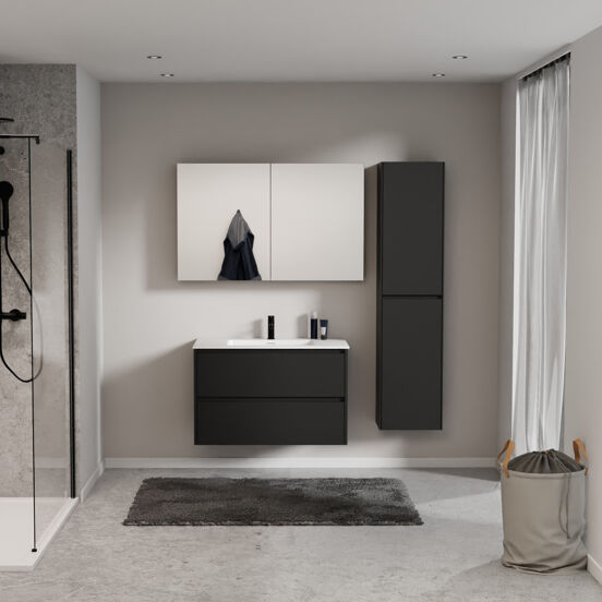 Storke Seda zwevend badkamermeubel 95 x 52 cm mat zwart met Mata enkele wastafel in solid surface mat wit