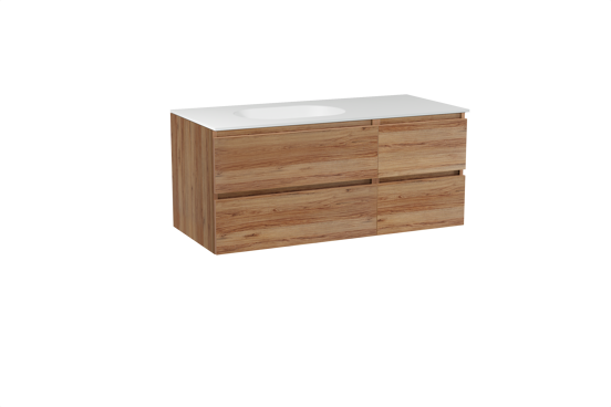 Balmani Lucida hängendes Möbelstück Set: 120 x 55 cm, Teak, mit Tablo Oval Waschtisch links, Solid Surface Weiß matt
