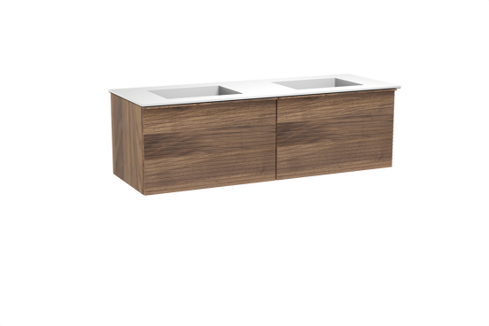 Balmani Forma zwevend badkamermeubel 150 x 55 cm amerikaanse notelaar met Tablo Stretto dubbele wastafel in solid surface mat wit, Horizontale symmetrische rechte ribbel