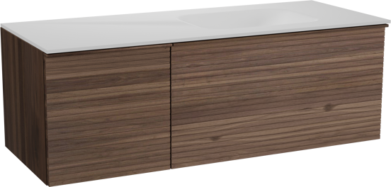 Balmani Forma zwevend badkamermeubel 135 x 55 cm amerikaanse notelaar met Tablo Arcato asymmetrisch rechtse wastafel in solid surface mat wit, Horizontale symmetrische rechte ribbel