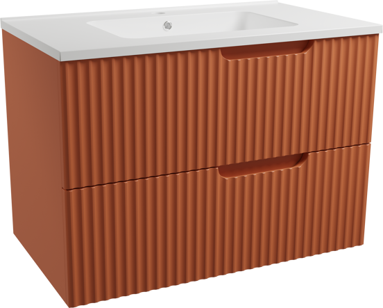 Linie Ribbo meuble salle de bains suspendu 80 x 46 cm cotto avec Vano plan simple en marbre composite blanc brillant, Nervure circulaire symétrique verticale