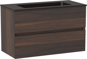 Storke Edge zwevend badkamermeubel 80 x 40 cm notelaar met Scuro enkele wastafel in kwarts mat zwart