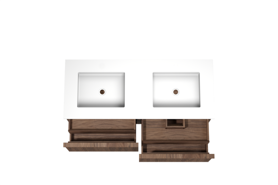 Balmani Forma hängendes Möbelstück Set: 135 x 55 cm, Amerikanischer Nussbaum, mit Tablo Stretto Doppelwaschtisch, Solid Surface, Weiß matt, Vertikale symmetrische gerade Rippe