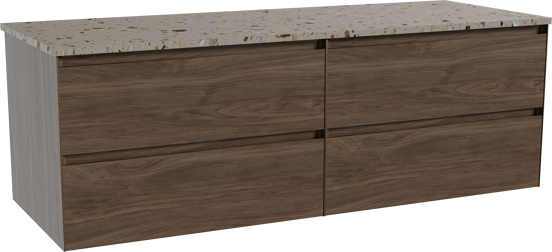 Balmani Mitra hängendes Möbelstück Set: 150 x 55 cm, Amerikanischer Nussbaum, mit Stretto Einzel- oder Doppel Waschtischplatte, Terrazzo in Greige